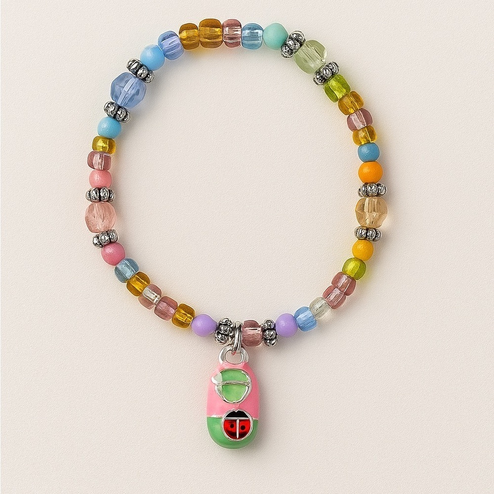 Colorful Beaded Bracelet with Ladybug Charm